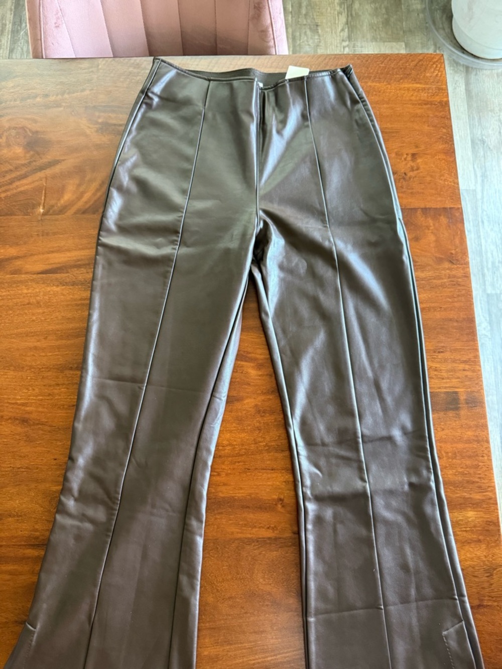 Abercrombie & Fitch Vegan Leather Pants Medium Brown NWT Straight Flare Leg - Picture 3 of 4